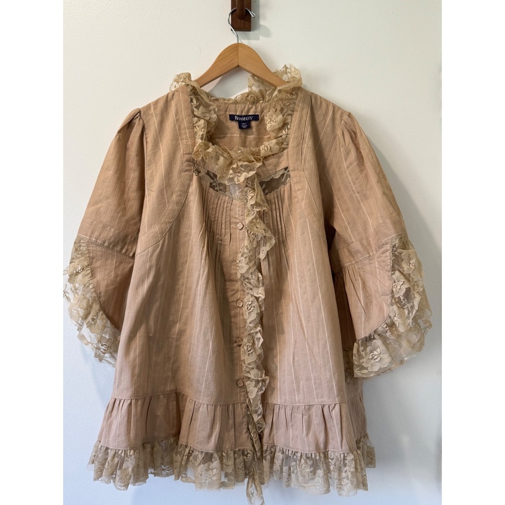 Roaman's Lace Tunic Blouse Ruffle Floral Cotton Tan 20W Plus Romantic  Boho